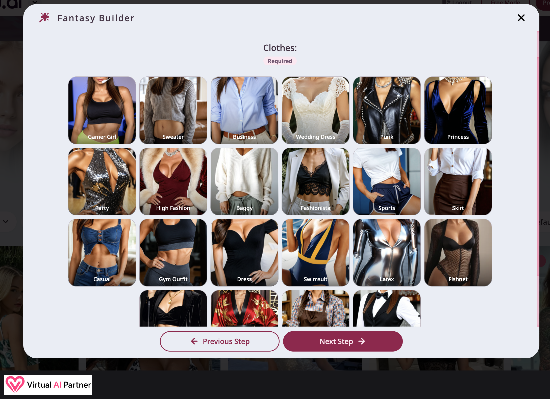 Fantasy.ai clothing choices including gamer, business, wedding, punk and sports