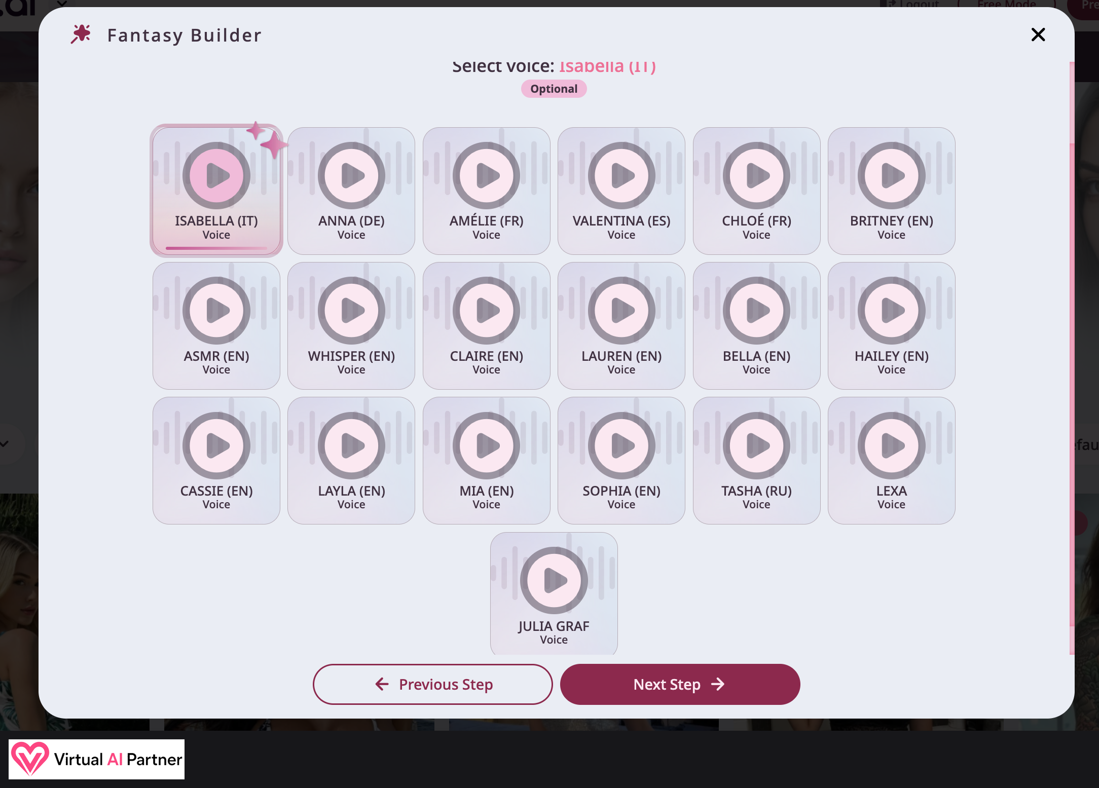 Fantasy.ai voice choices in Italian, German, French, Spanish, English and Russian