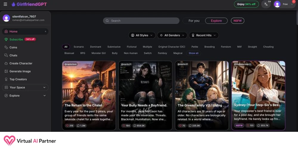 Resultados anime de GirlfriendGPT después de aplicar filtros de género y popularidad