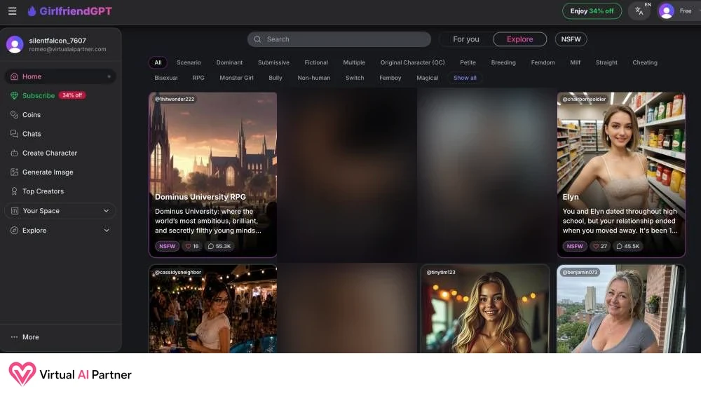 Catálogo de GirlfriendGPT con filtros de escenarios y personajes y contenido adulto difuminado