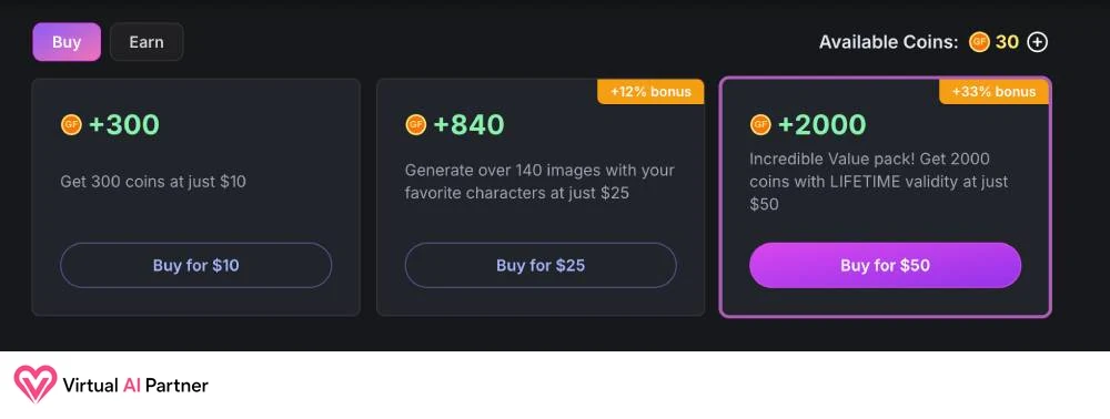 Paquetes de 300, 840 y 2000 Coins de GirlfriendGPT con sus precios observados