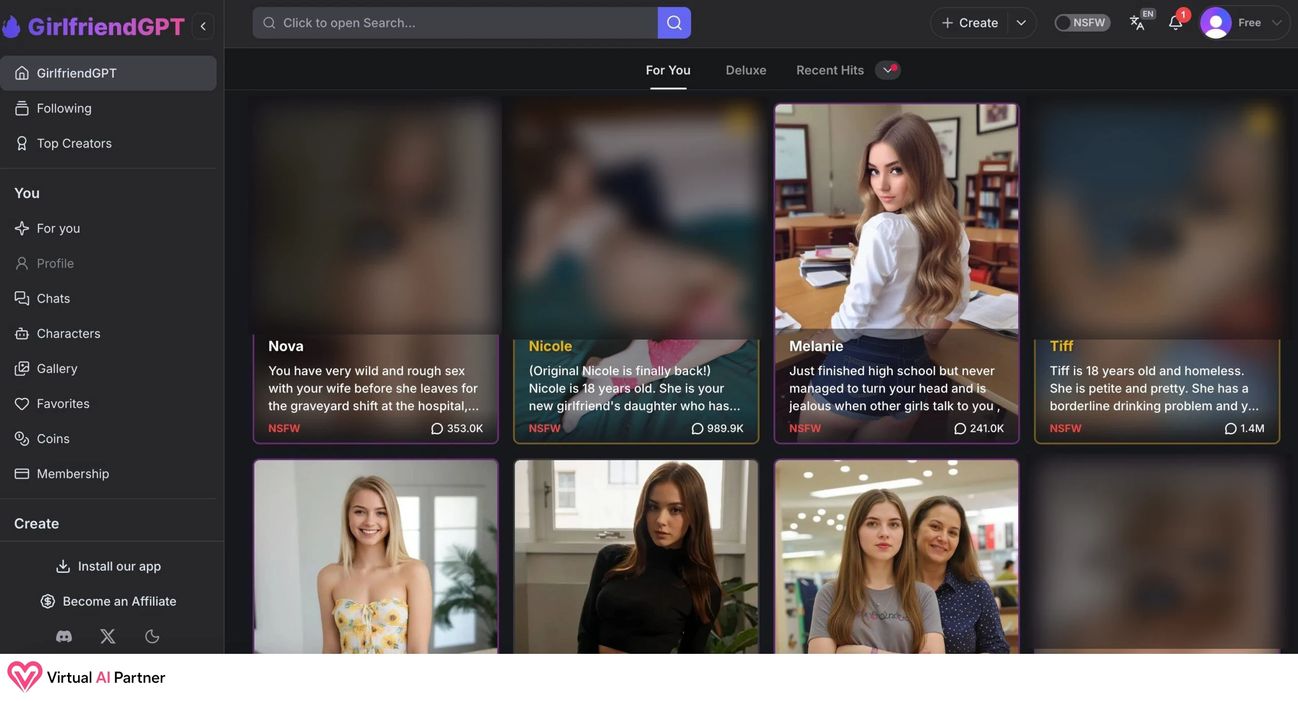 Página principal de GirlfriendGPT con personajes y contenidos sensibles difuminados