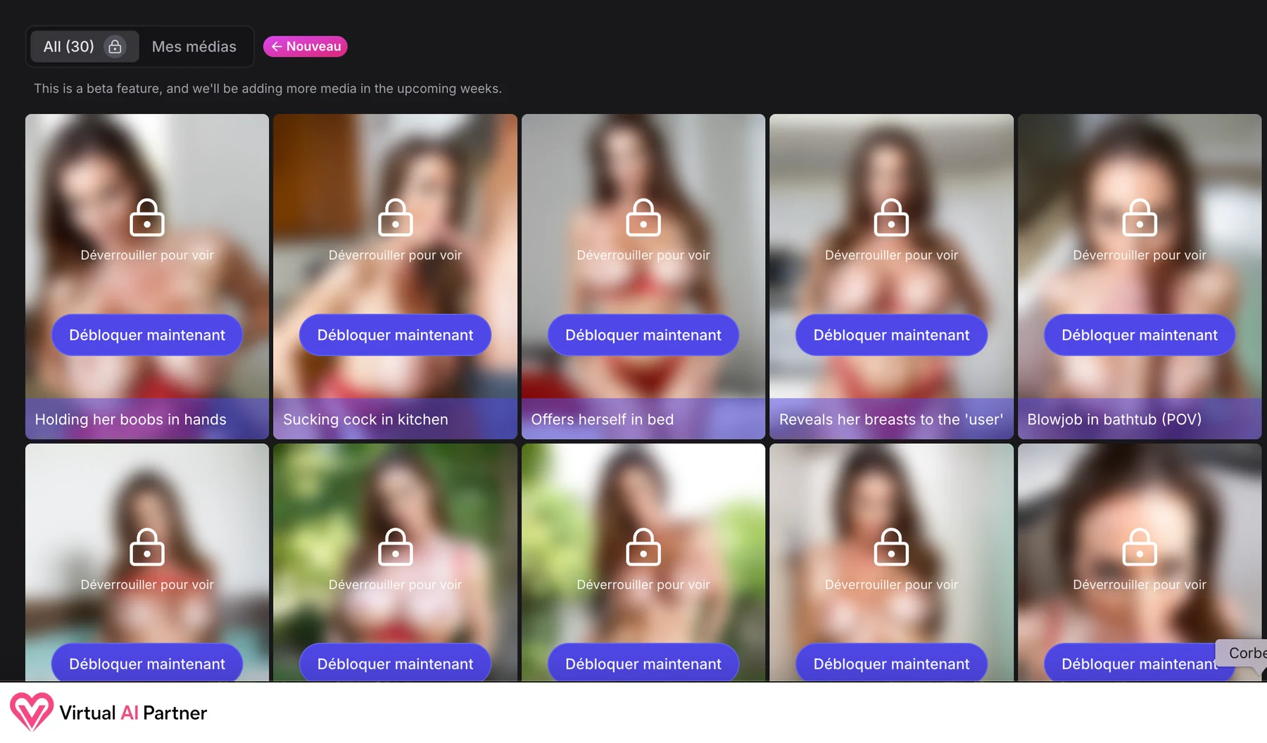 Galerie adulte de Lisa sur GirlfriendGPT avec les images floutées et verrouillées
