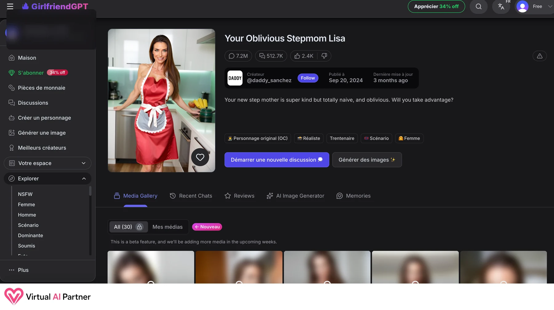 Fiche du personnage Lisa sur GirlfriendGPT avec une interface française et une description en anglais