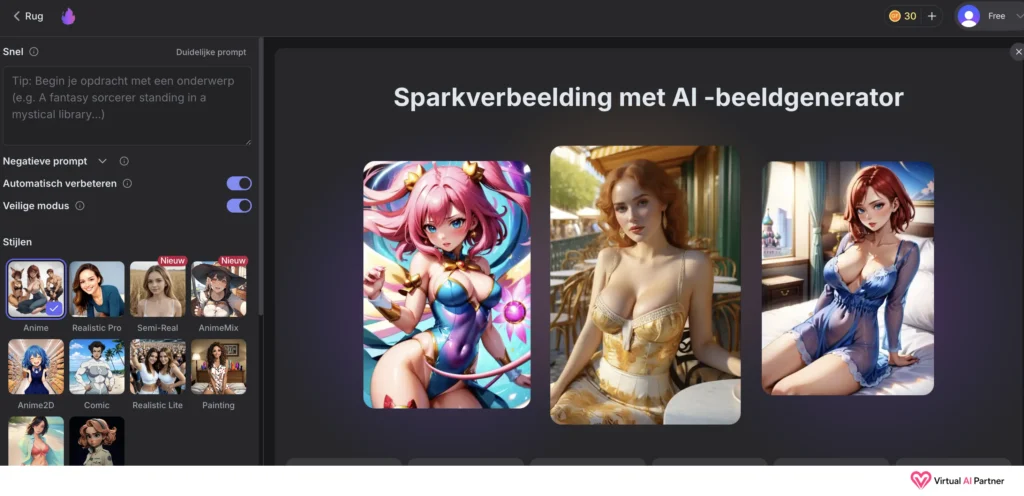 Beeldgenerator van GirlfriendGPT met Nederlandstalige bediening en verschillende anime- en realistische stijlen.