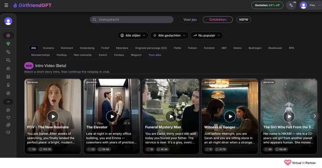 Overzicht van interactieve Intro Video-scenario’s in GirlfriendGPT; sommige beschrijvingen blijven in het Engels.