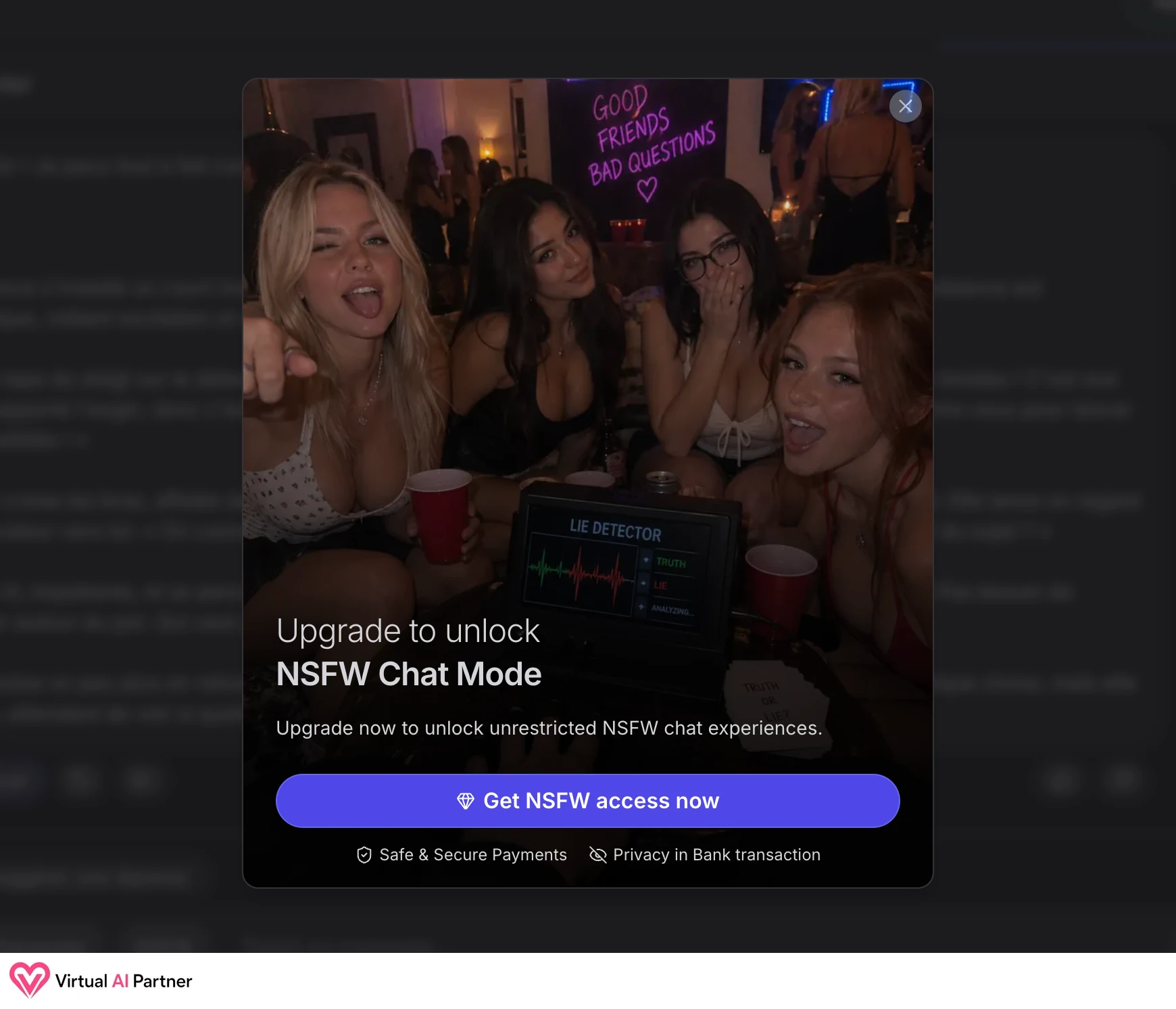 Fenêtre GirlfriendGPT demandant un abonnement pour débloquer le mode de chat NSFW