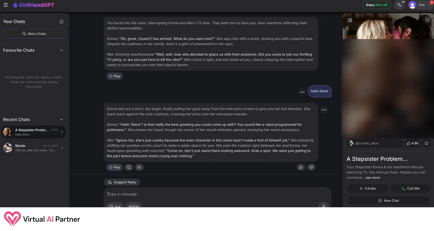 Chat de roleplay de GirlfriendGPT con dos personajes y una imagen adulta difuminada