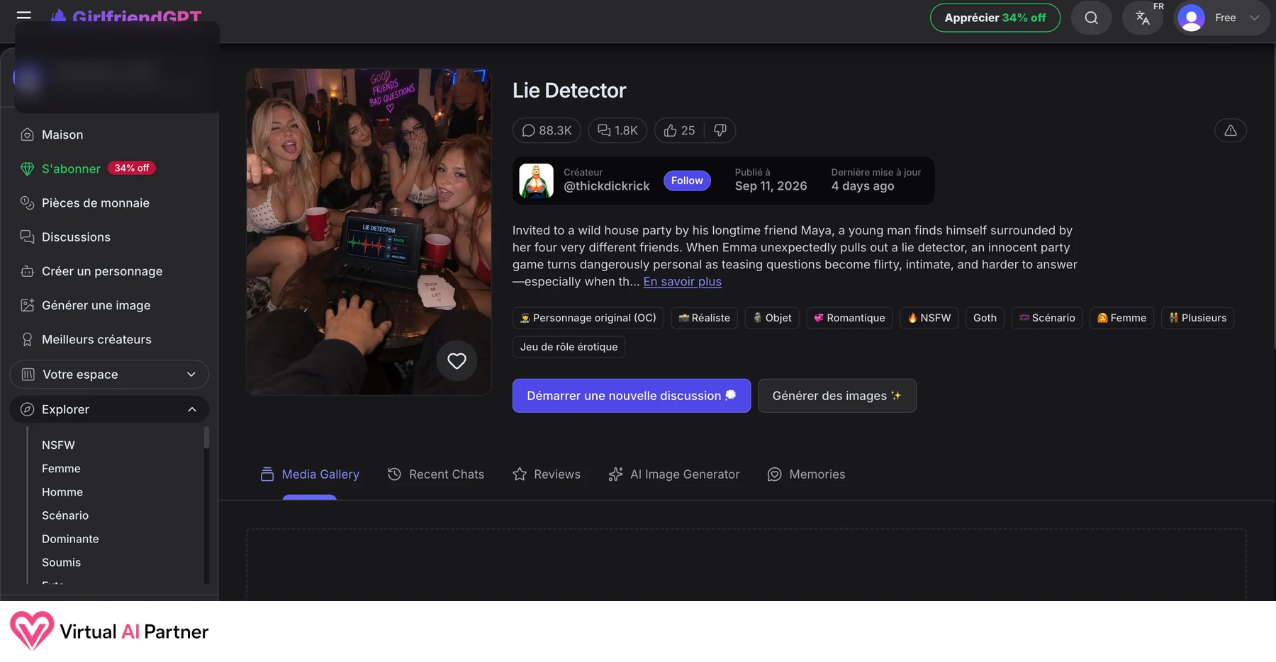 Fiche du scénario Lie Detector sur GirlfriendGPT avec plusieurs personnages et ses catégories