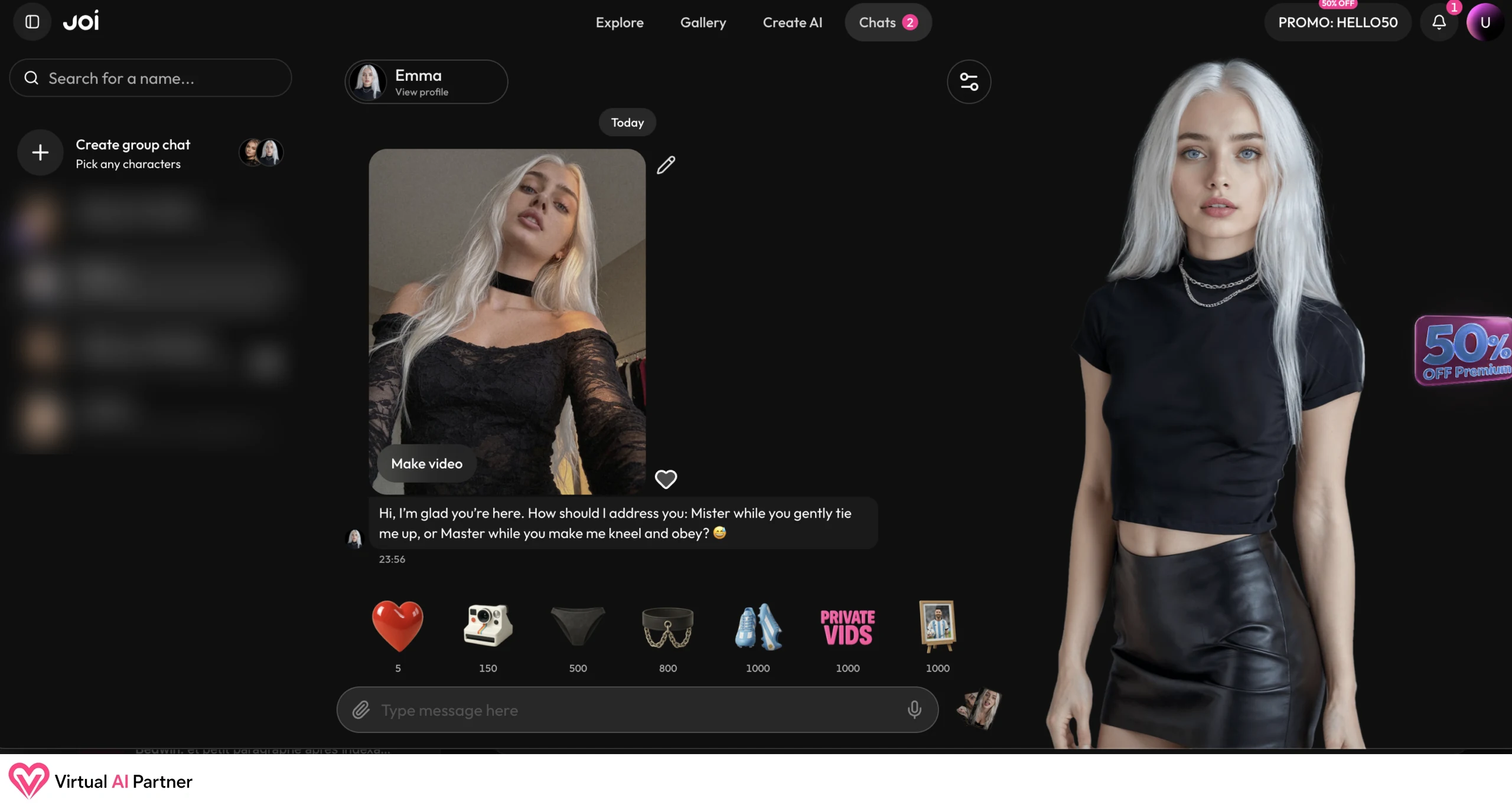 Interfaz de chat de Joi AI con conversación, regalos y acciones multimedia