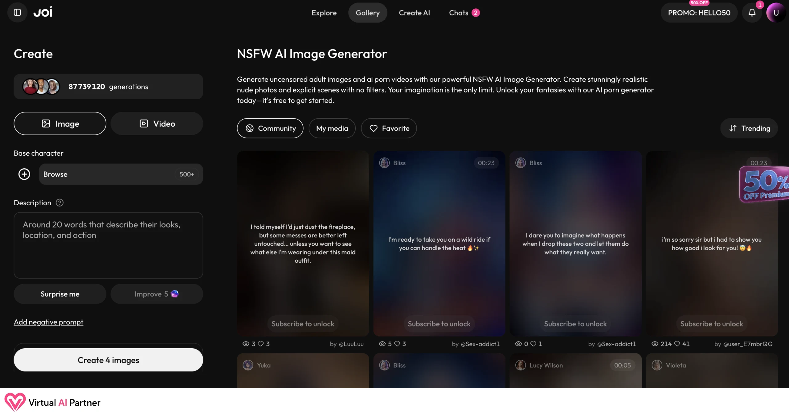 Generador NSFW de imágenes y vídeos de Joi AI con personaje base y prompt negativo