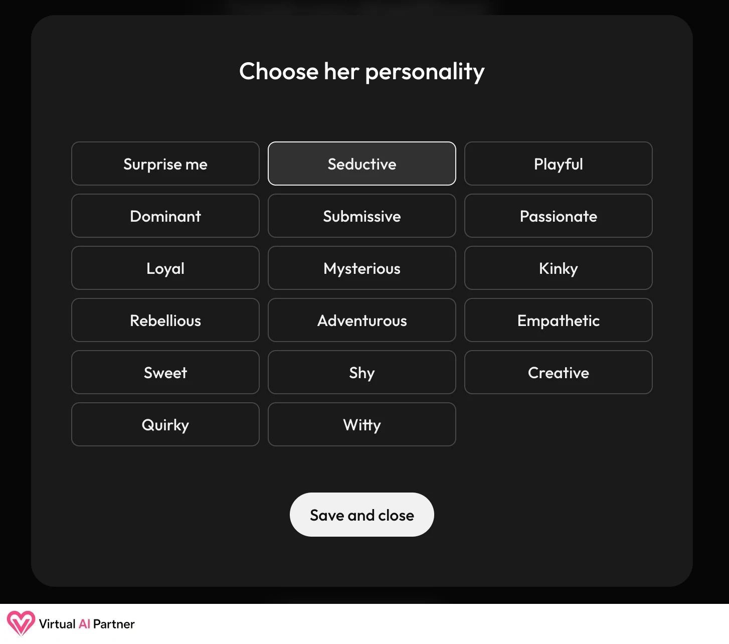Opciones de personalidad disponibles en el creador de Joi AI