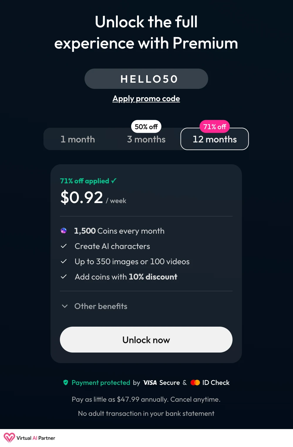 Precio Premium anual de Joi AI observado en julio de 2026 con 1500 coins mensuales