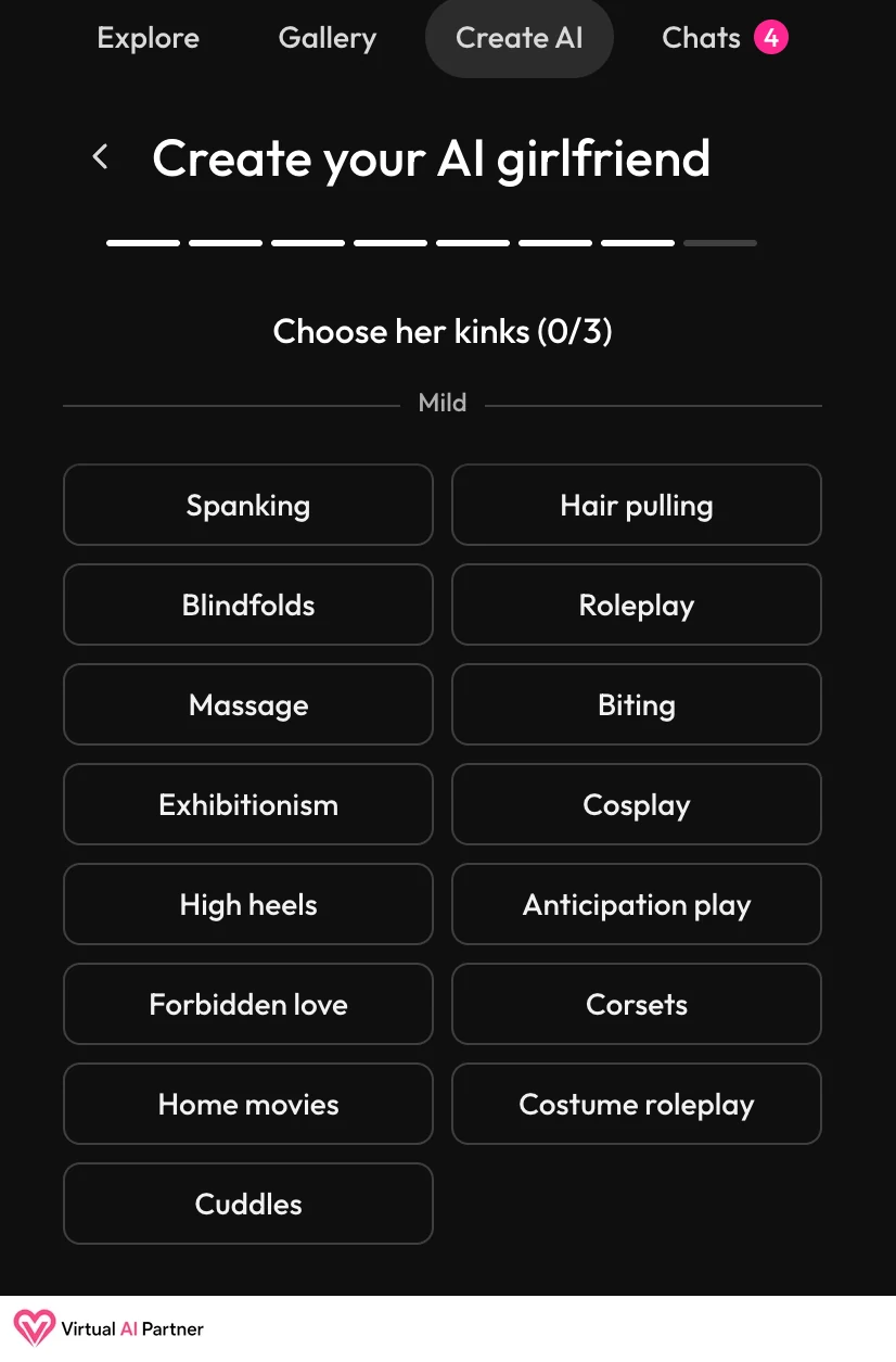 Preferencias de roleplay adulto disponibles durante la creación de una novia IA en Joi