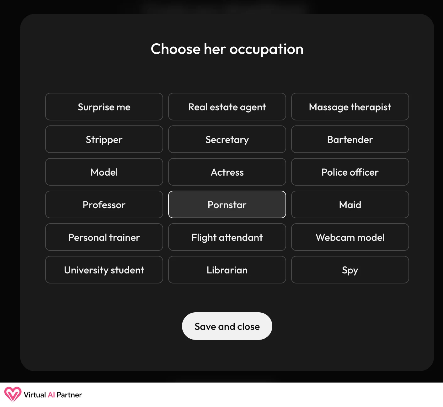 Opciones de profesión para una compañera personalizada en Joi AI