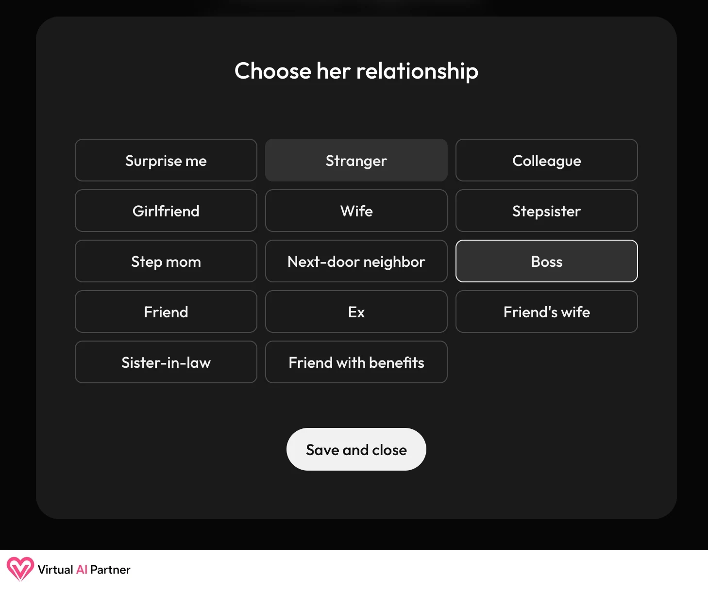 Opciones de relación del creador de personajes de Joi AI