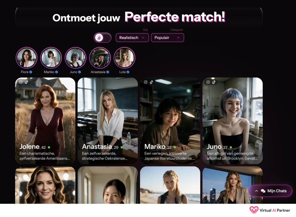 Nederlandstalige Kupid AI-homepage met realistische personages, leeftijden en categoriefilters.