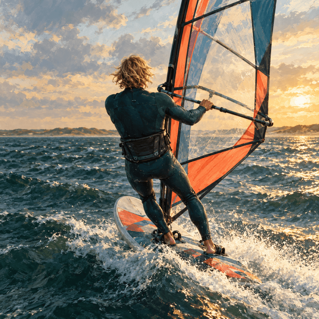 Illustratie van Maarten van achteren tijdens het windsurfen op zee
