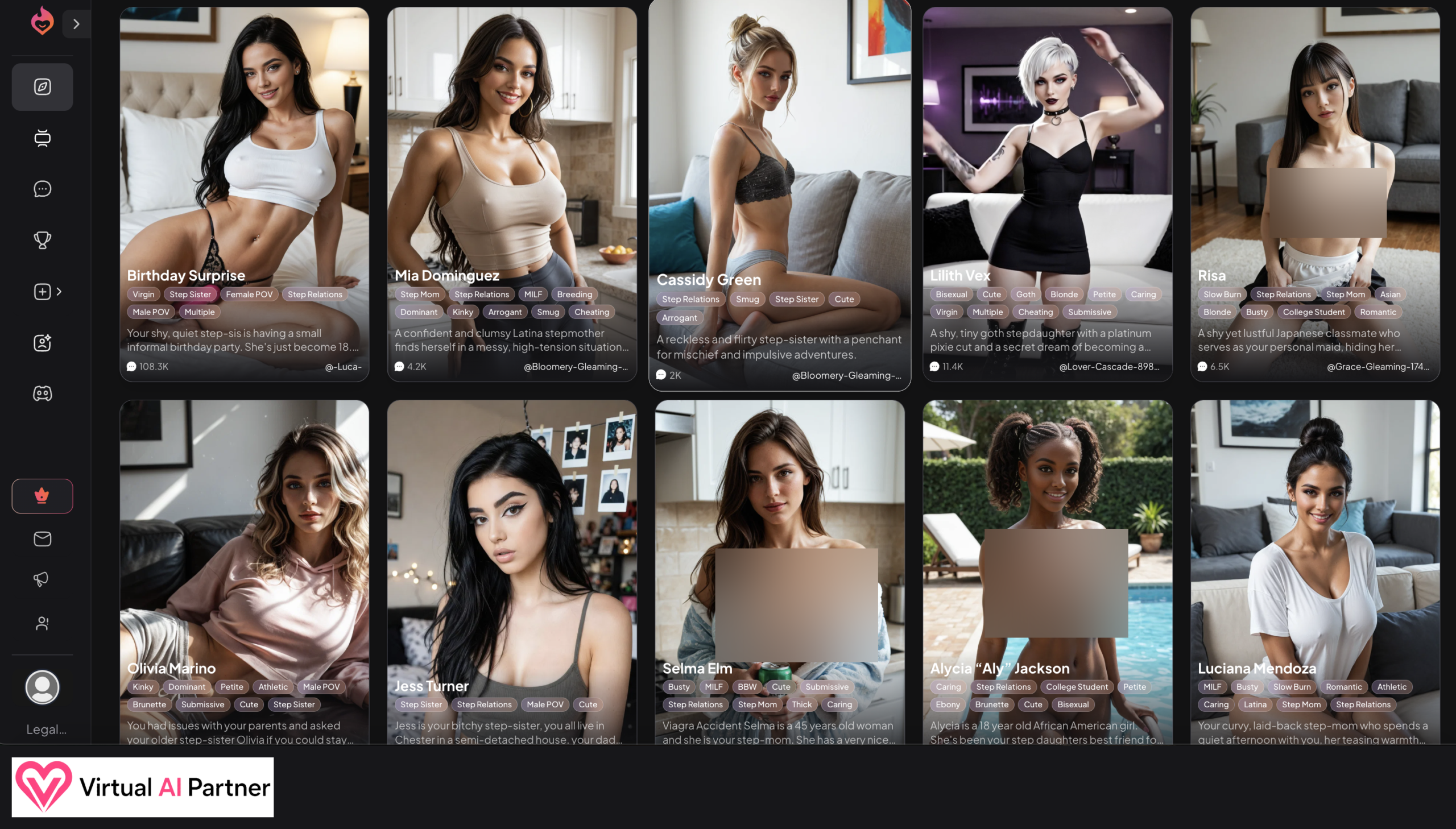 MyDreamCompanion catalogue with personality and relationship tags, nudity blurred