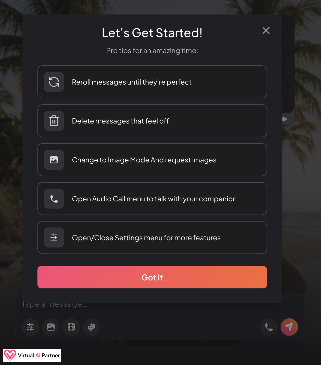 MyDreamCompanion Let’s Get Started tips for messages, images and audio calls