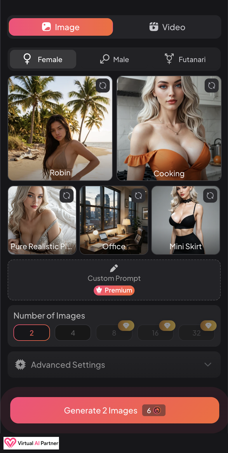MyDreamCompanion image generator showing 6 Dream Coins for two images