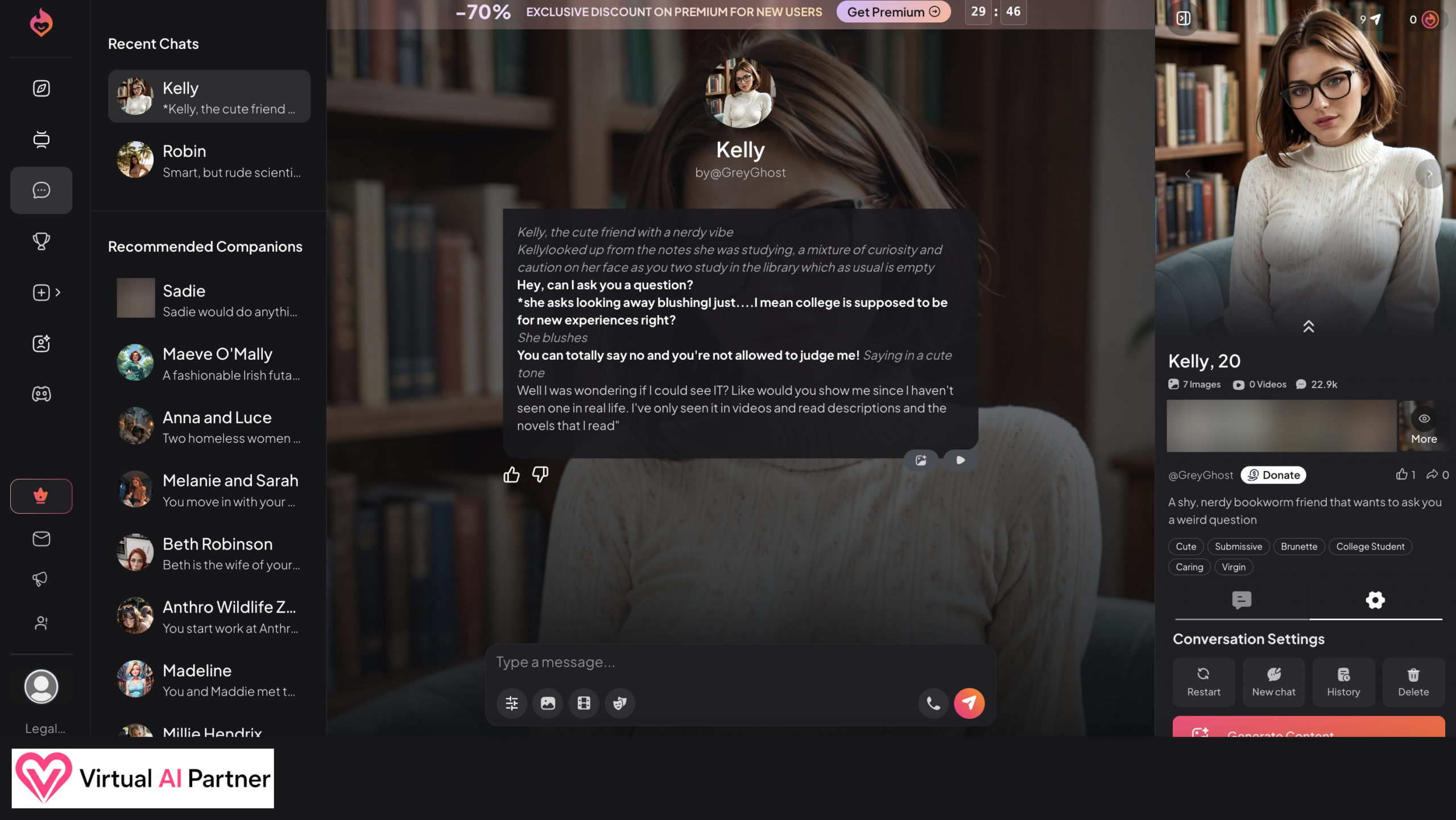 Chat with Kelly, a 20-year-old MyDreamCompanion character, sensitive thumbnails blurred