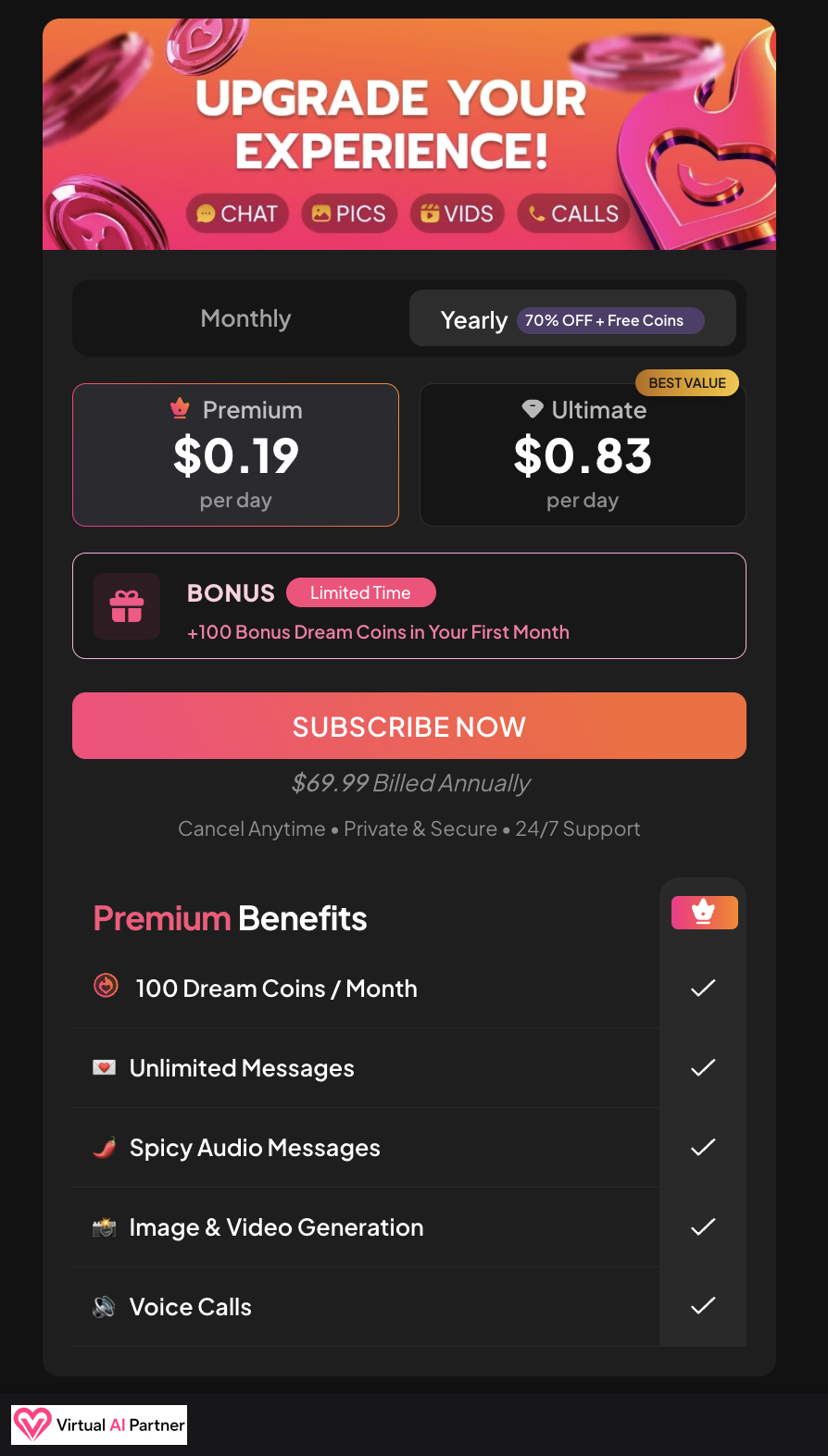 MyDreamCompanion annual Premium offer at 69.99 dollars with 100 monthly Dream Coins