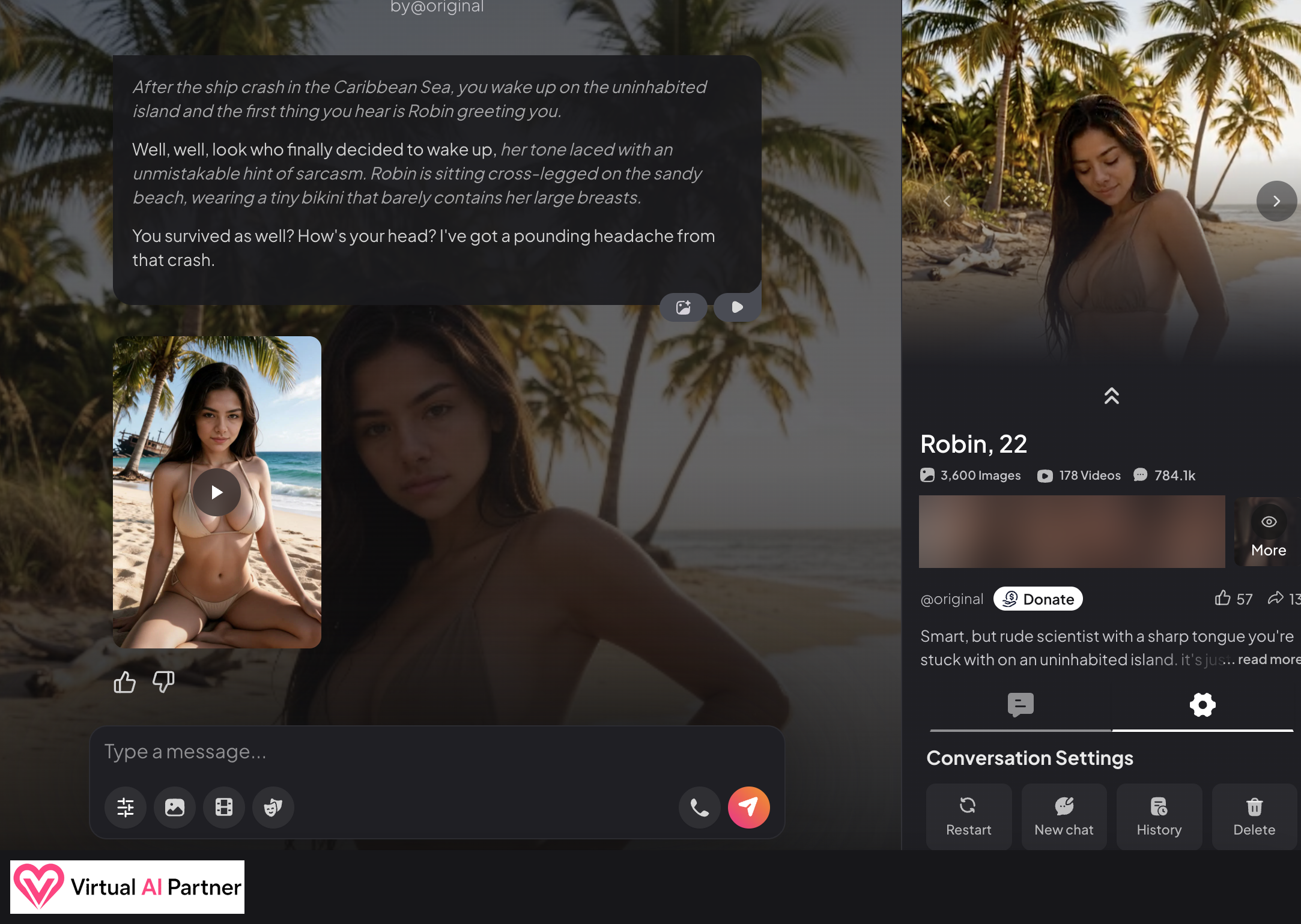 Robin’s shipwreck scenario in MyDreamCompanion with an in-chat video preview
