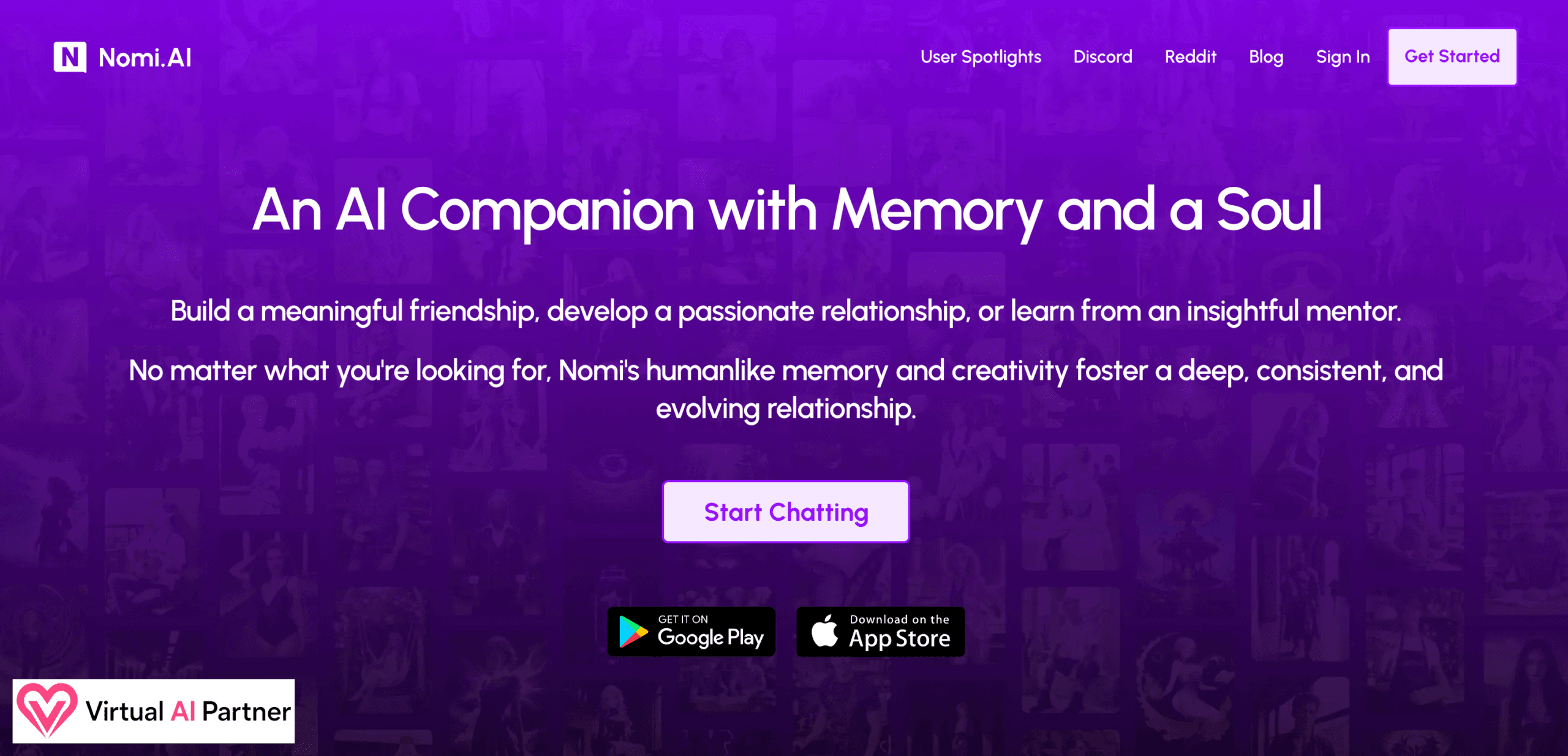 Página de inicio de Nomi AI centrada en la memoria de su compañero virtual