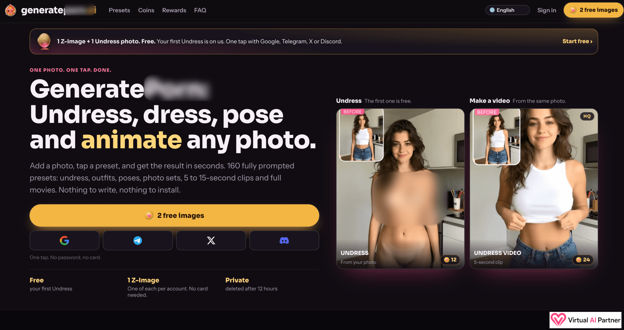GeneratP***.ai homepage showing the workflow and permanently blurred sensitive previews