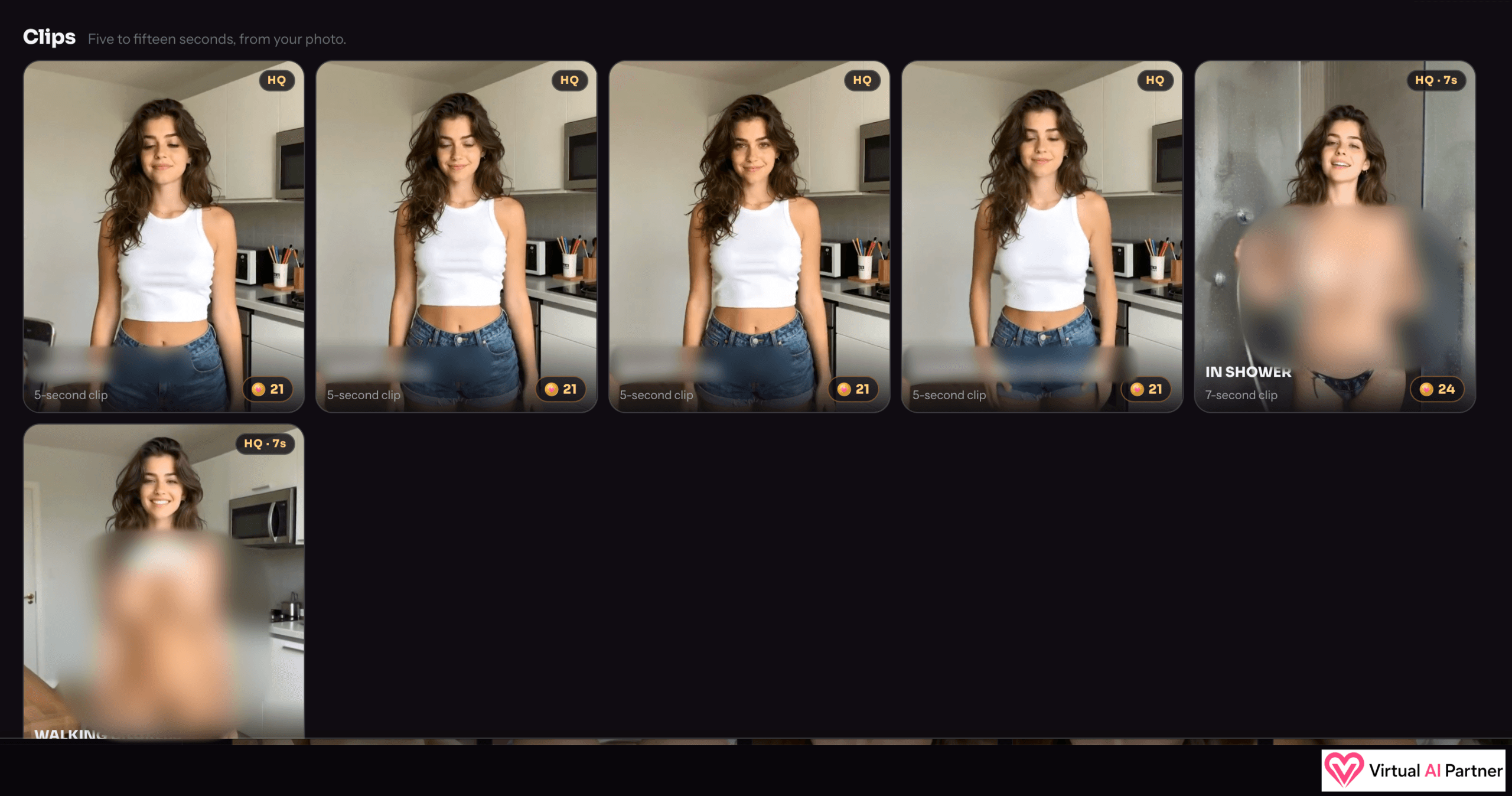 GeneratP***.ai clip catalog with lengths and Coin costs, sensitive previews and labels blurred