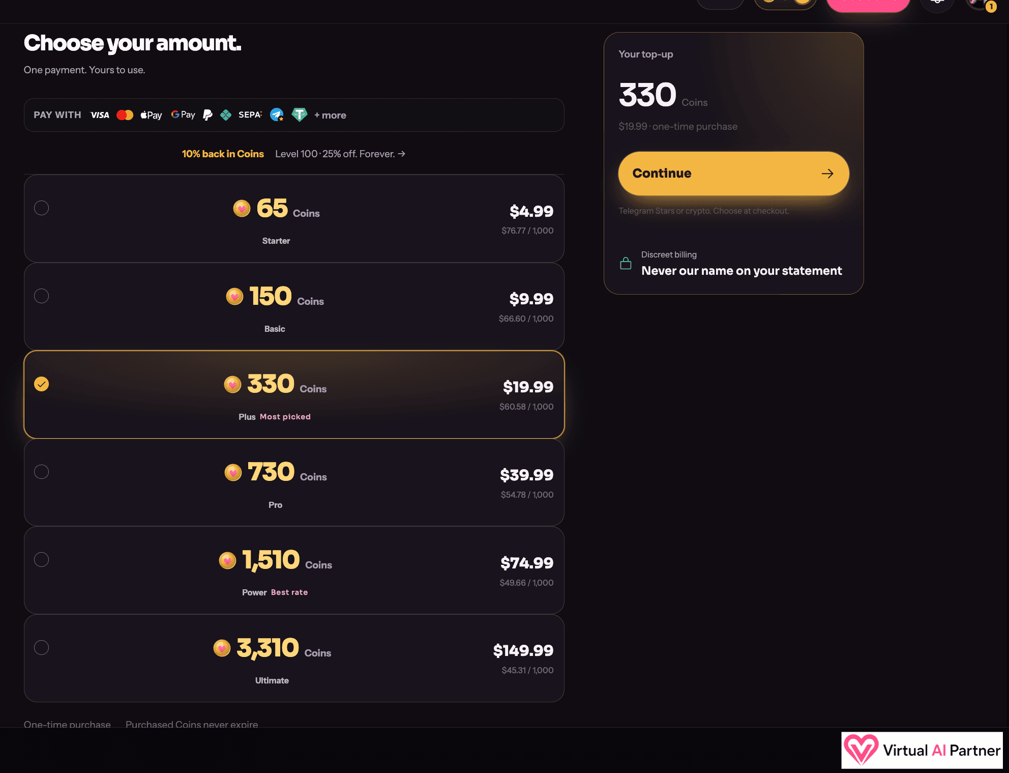 GeneratP***.ai Coin packs and USD prices shown on October 15, 2026