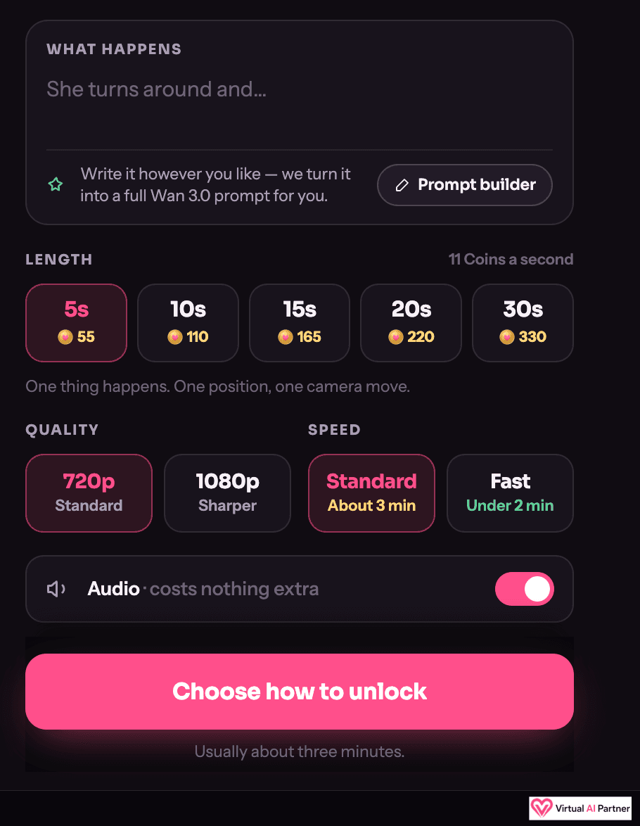 Video generator settings showing length, Coins, quality, speed, and audio