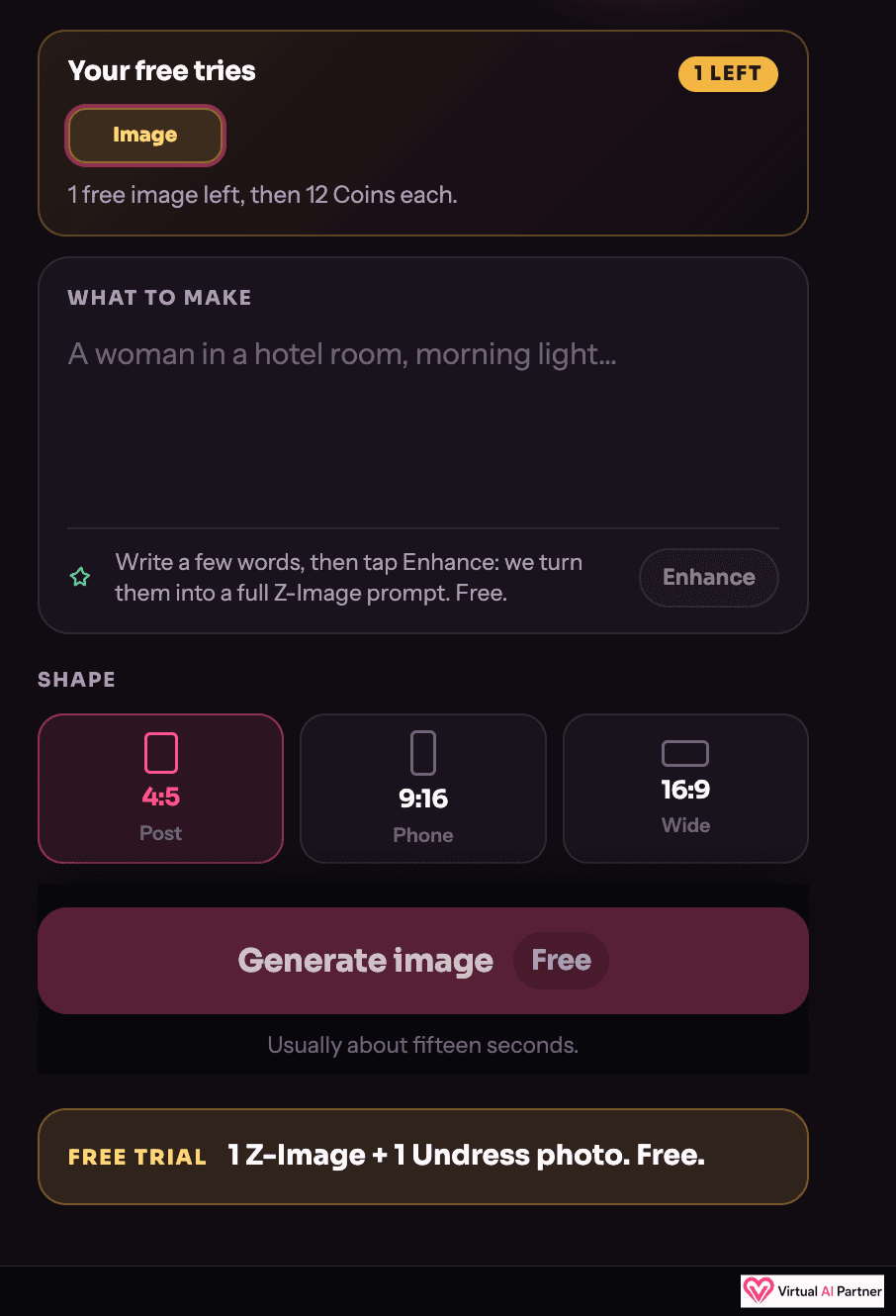 Free image trial screen showing the 4:5, 9:16, and 16:9 aspect ratios