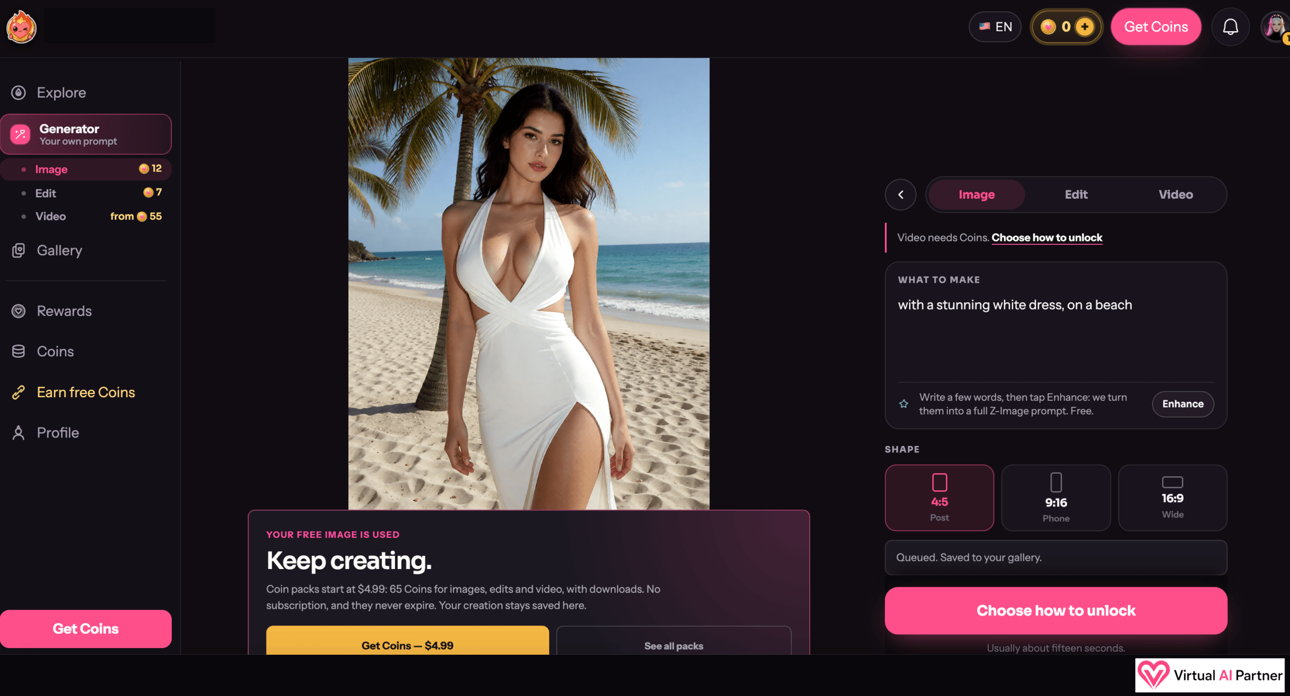 My GeneratP***.ai result showing a white dress on a beach