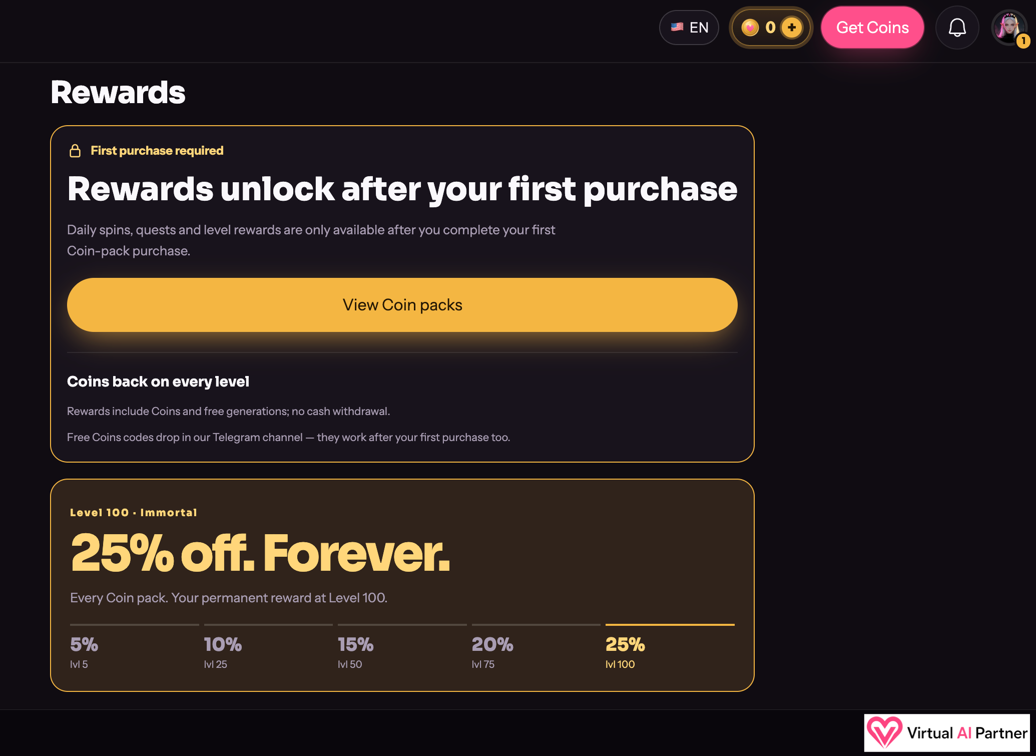 Rewards screen requiring a first purchase and advertising a level 100 discount