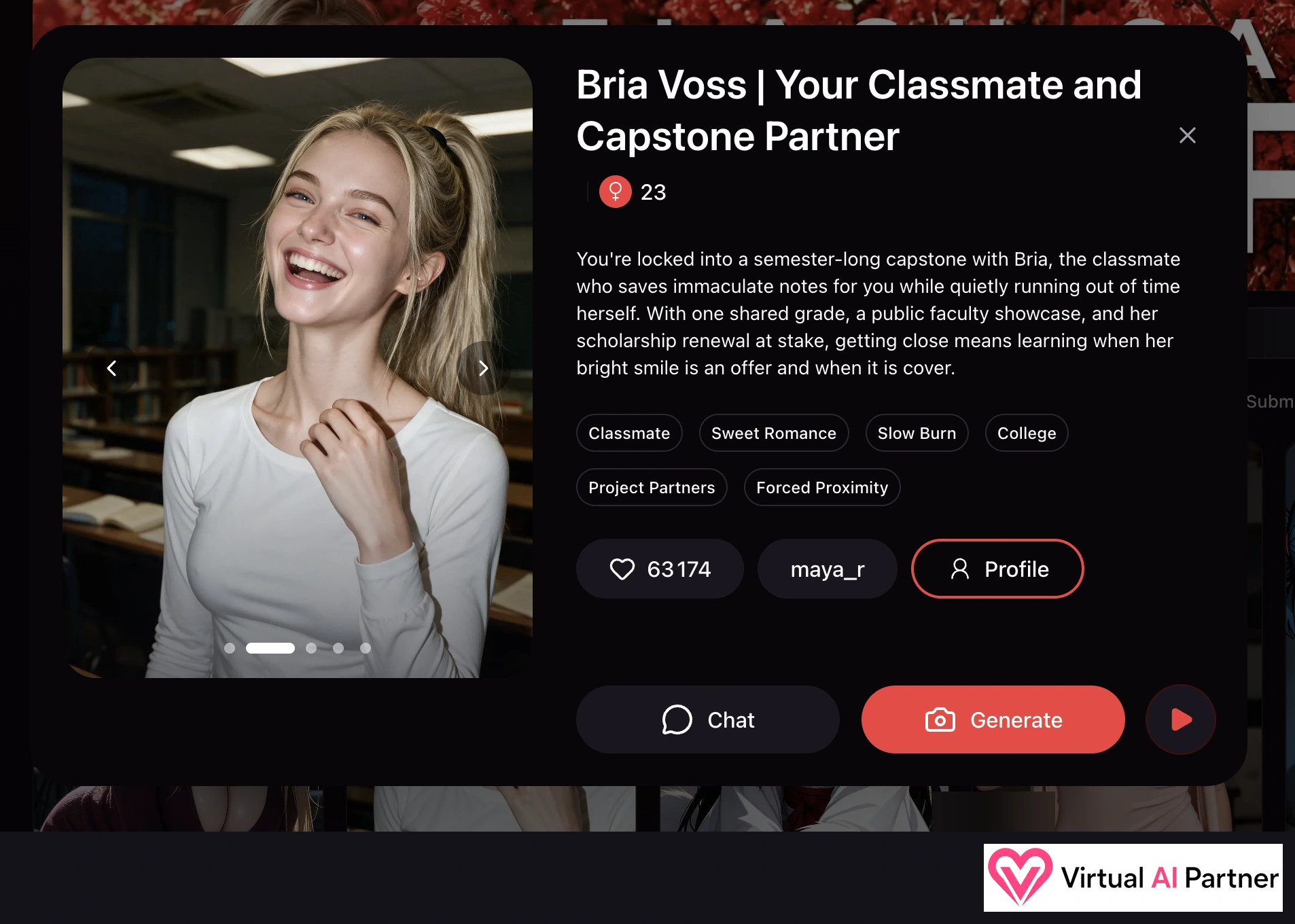 Fiche de Bria Voss, 23 ans, avec son scénario universitaire et les boutons Chat et Generate