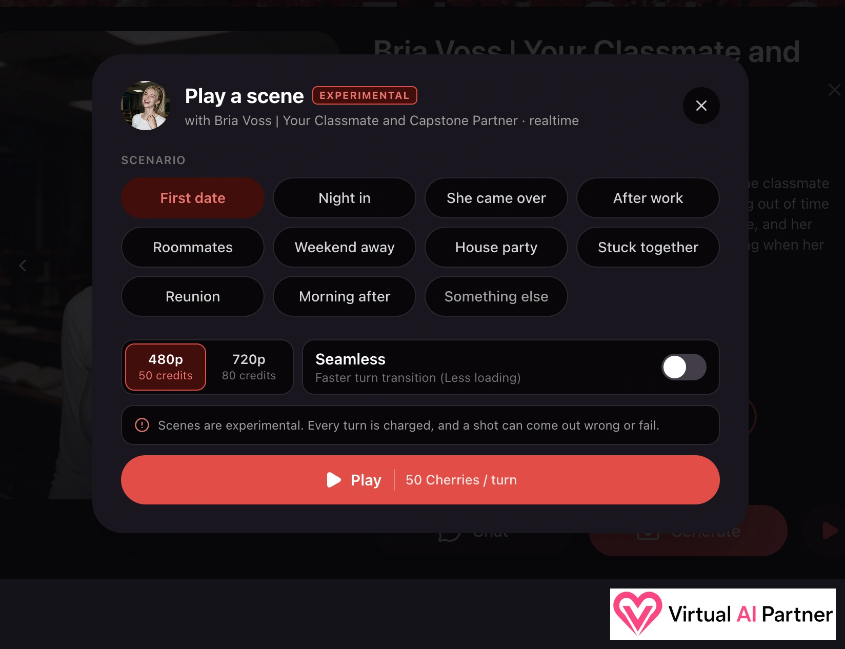 Réglages Play a scene avec Bria Voss, scénarios, 480p à 50 crédits et 720p à 80 crédits