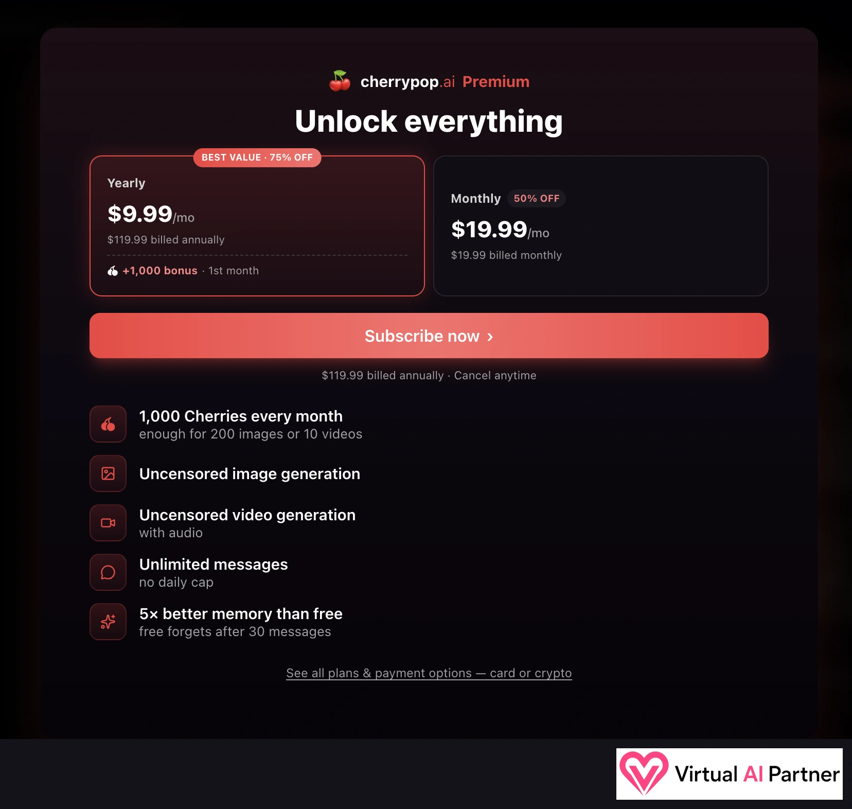 Offre Cherrypop Premium du 14 octobre 2026 à 119,99 dollars par an ou 19,99 dollars par mois
