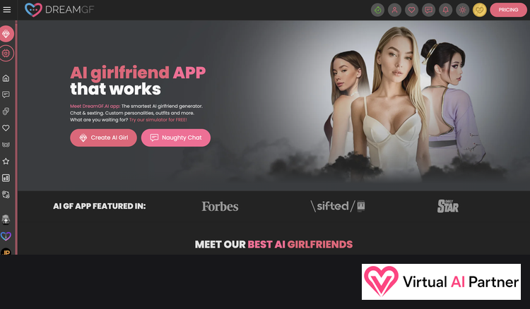 DreamGF.ai homepage with realistic AI characters